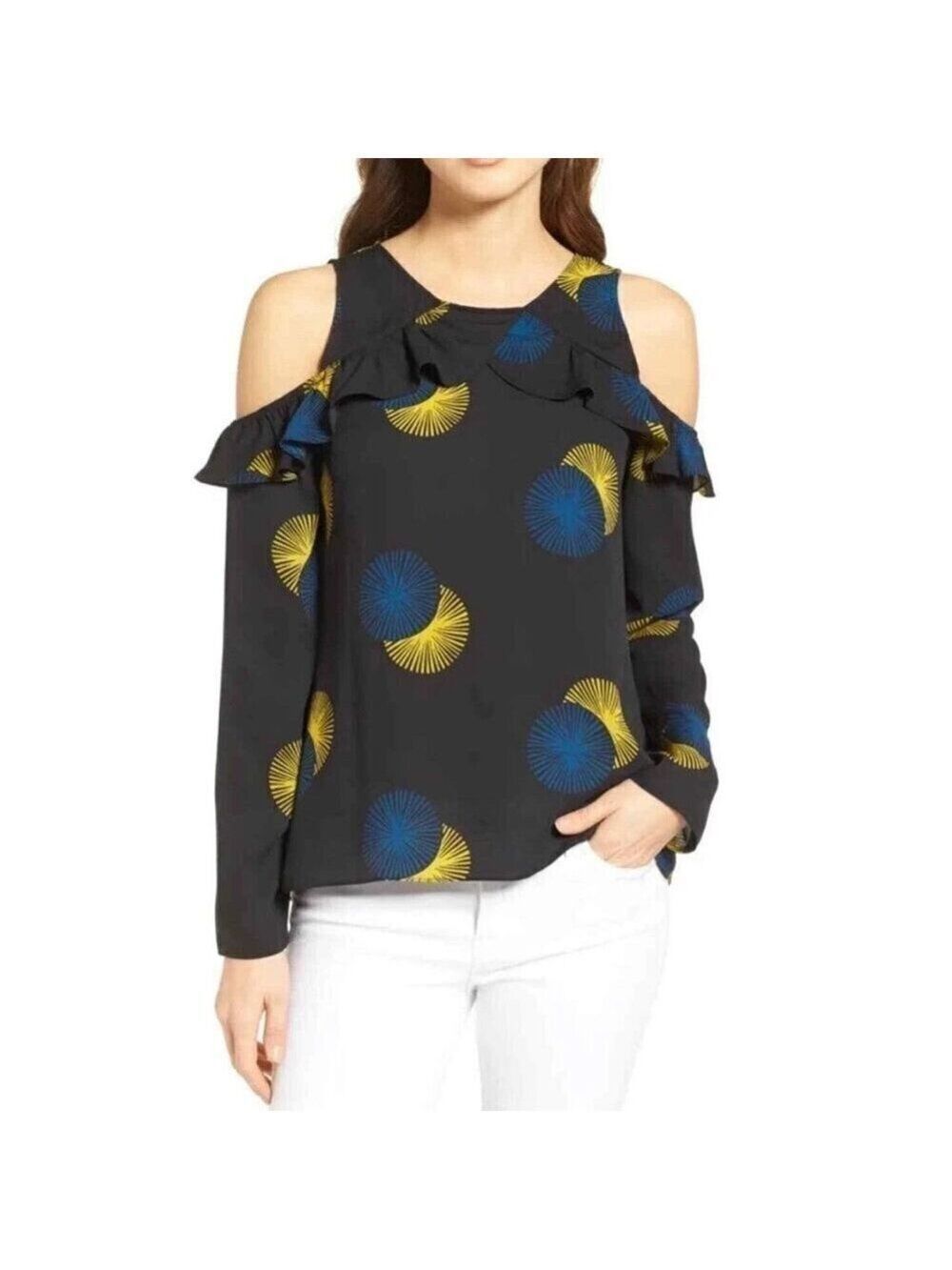 Trouve Black Cold Shoulder Ruffle Flounce Neck & Sleeve Blouse Women's Size XS